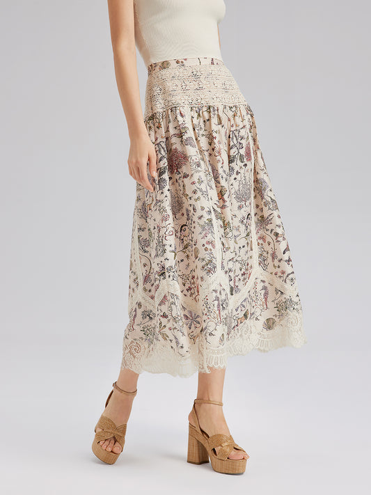 Silk-Linen Botanical Print Lace Skirt