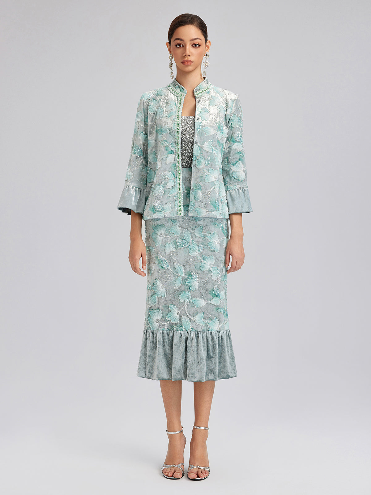 Beaded Floral Embroidered Velvet Stand Collar Jacket