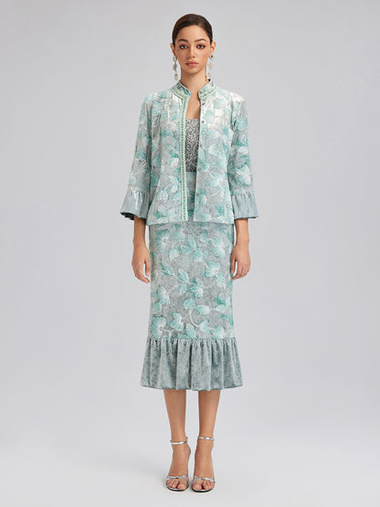 Beaded Floral Embroidered Velvet Stand Collar Jacket