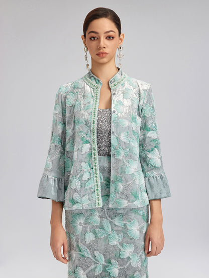 Beaded Floral Embroidered Velvet Stand Collar Jacket
