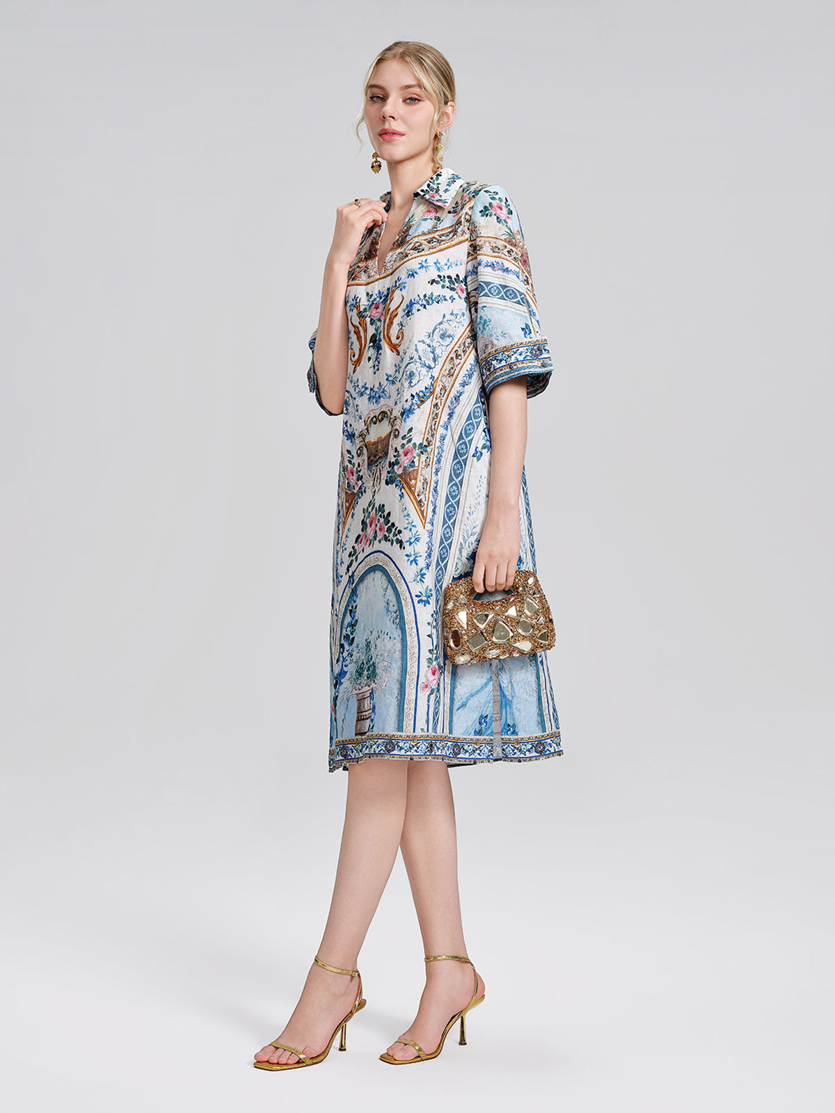 100% Linen Print Rhinestone Straight Dress