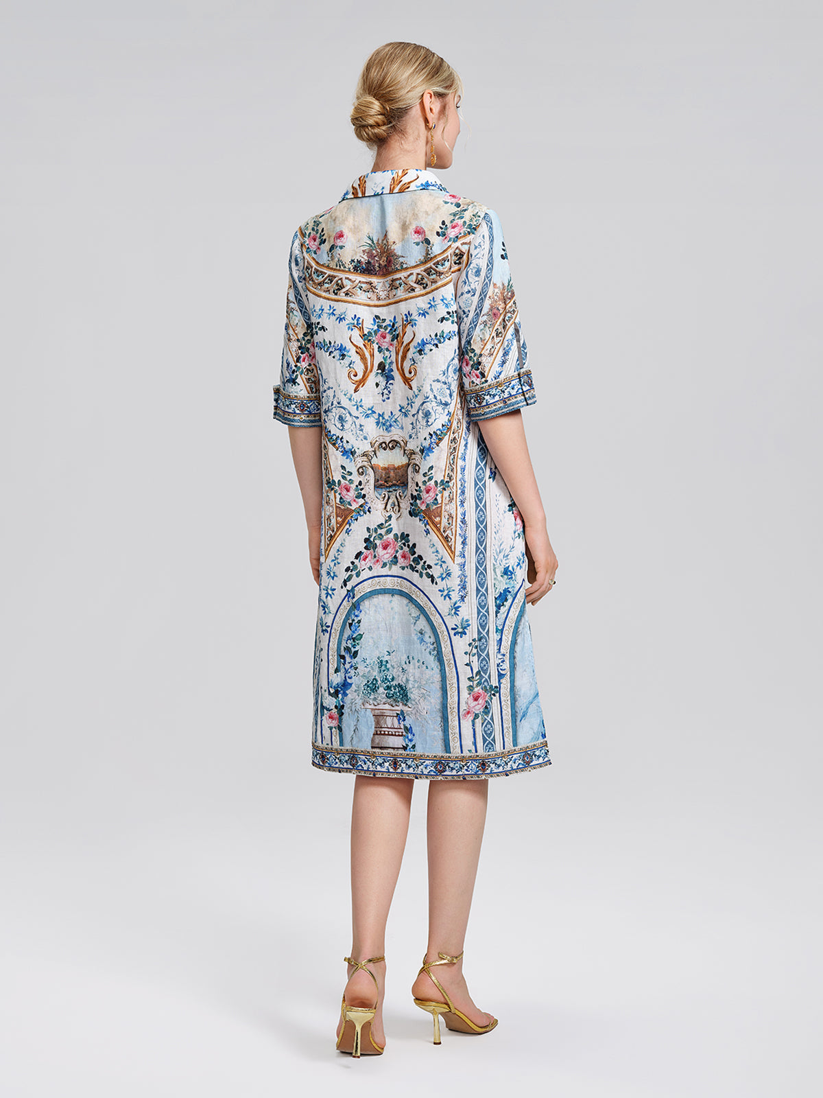 100% Linen Print Rhinestone Straight Dress