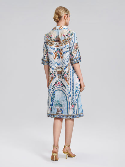 100% Linen Print Rhinestone Straight Dress
