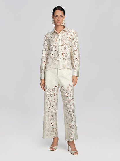 Lace Panel Pearl Wide Leg Pants