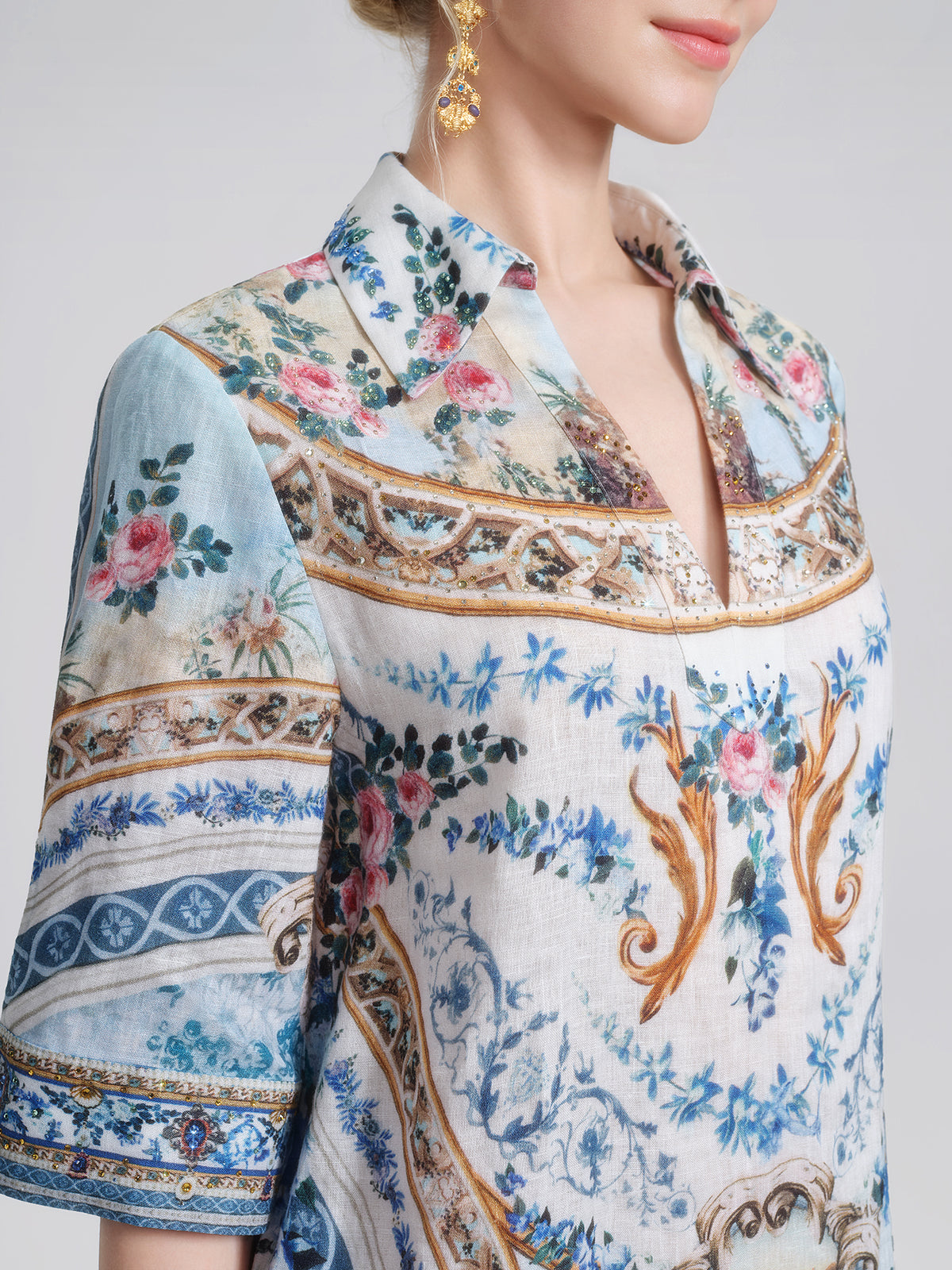 100% Linen Print Rhinestone Straight Dress