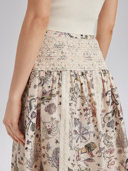 Silk-Linen Botanical Print Lace Skirt