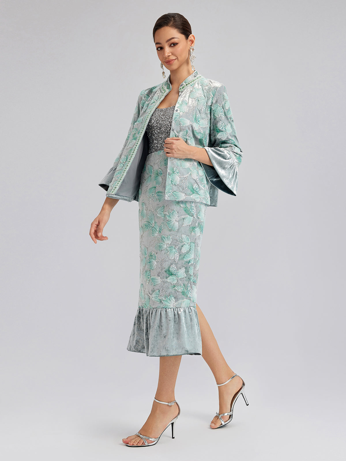 Beaded Floral Embroidered Velvet Stand Collar Jacket