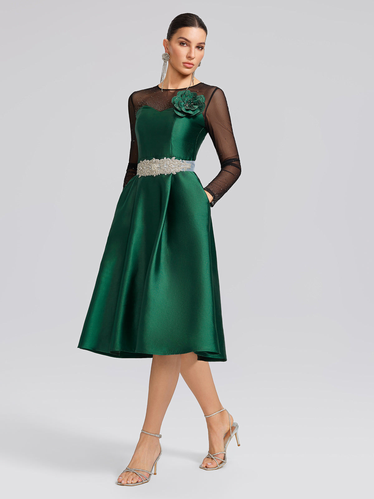 Satin Mesh-Panel Rhinestone Pocket Dress (Detachable Floral Brooch Included)