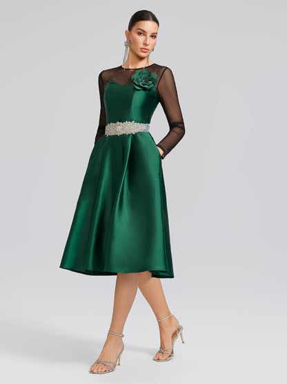 Satin Mesh-Panel Rhinestone Pocket Dress (Detachable Floral Brooch Included)