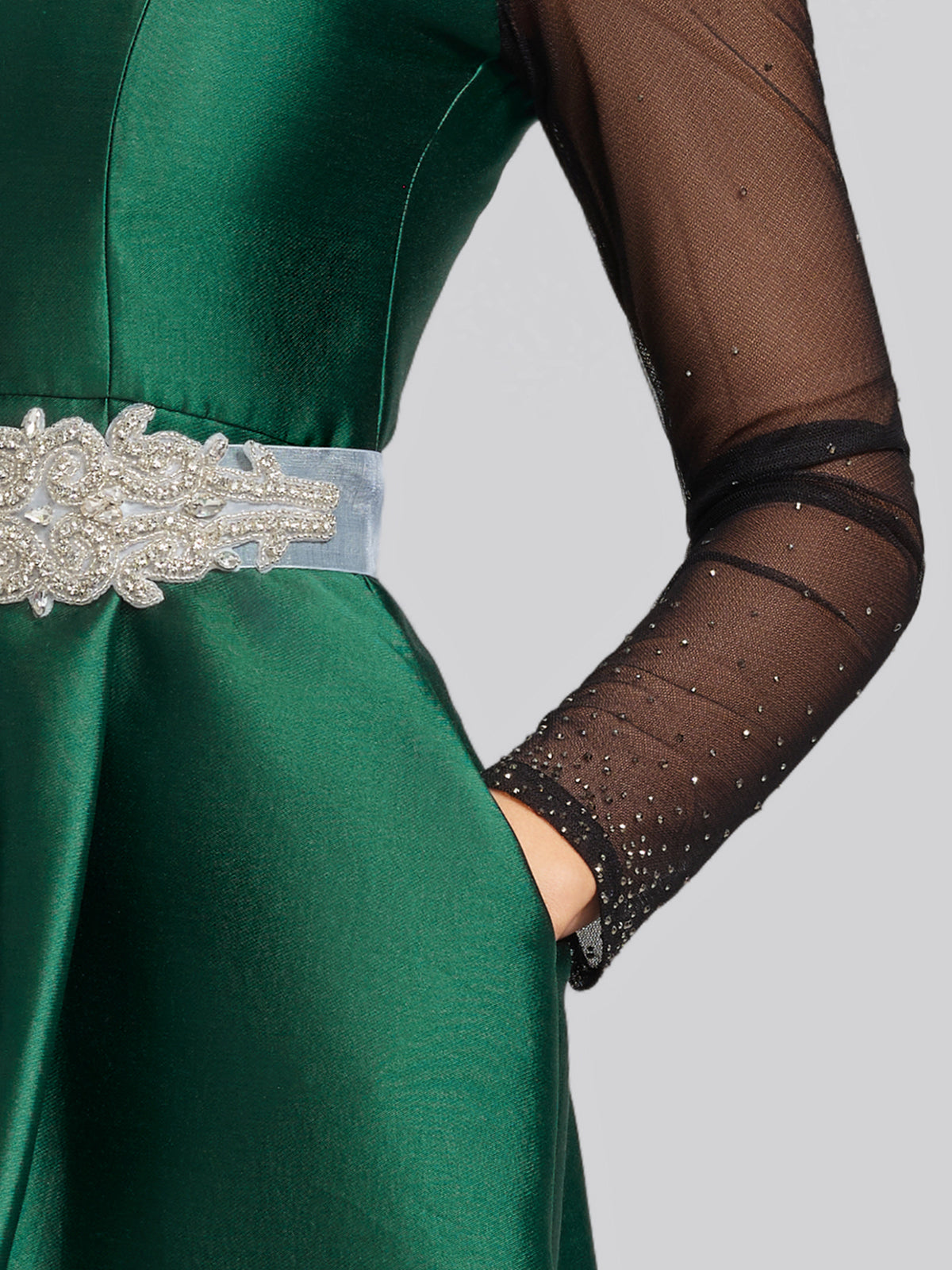 Satin Mesh-Panel Rhinestone Pocket Dress (Detachable Floral Brooch Included)