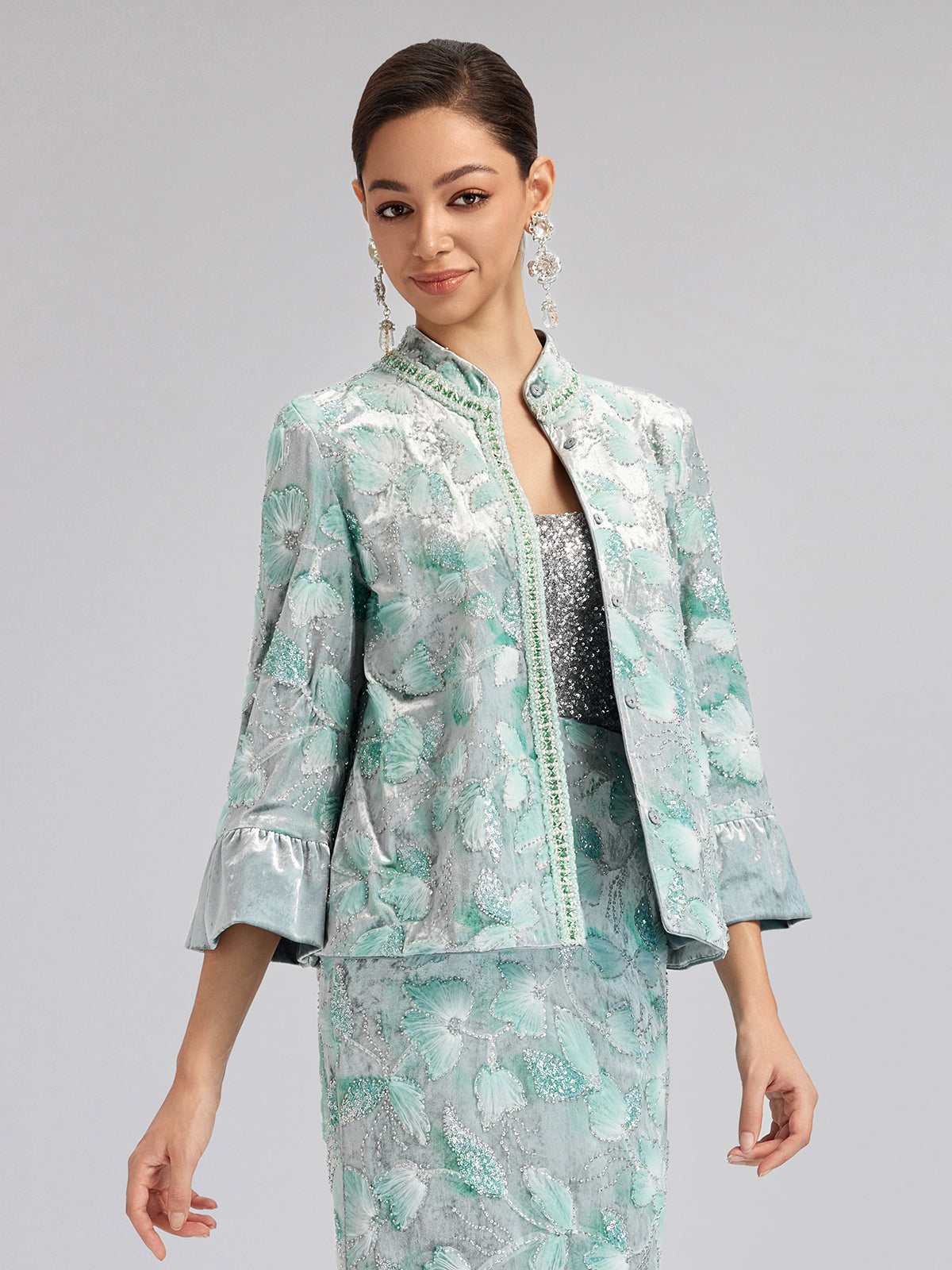 Beaded Floral Embroidered Velvet Stand Collar Jacket