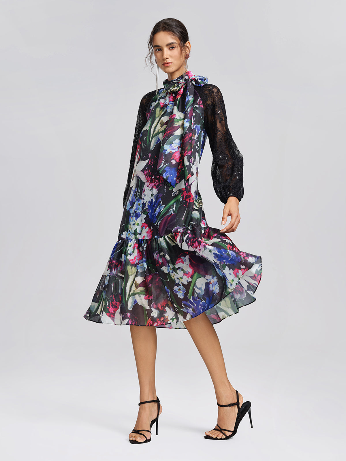 Artistic Floral Print Lace Sleeve Dress