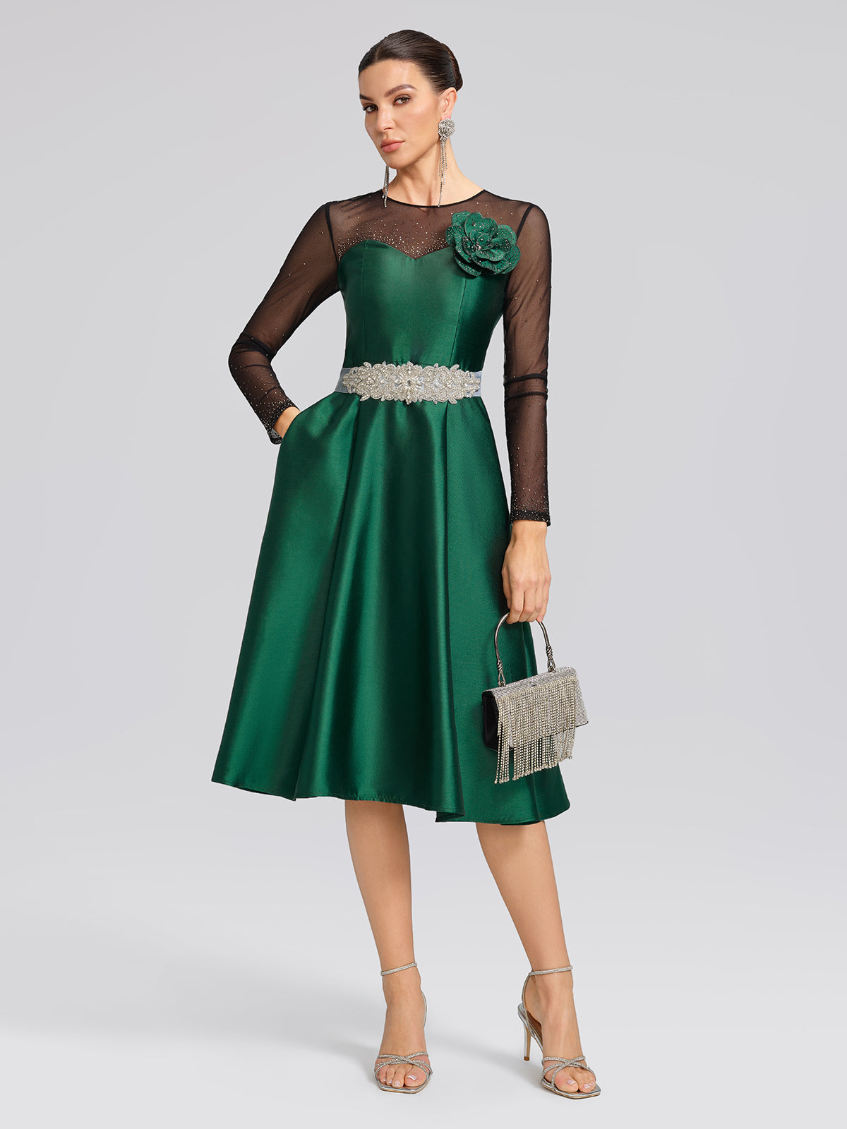 Satin Mesh-Panel Rhinestone Pocket Dress (Detachable Floral Brooch Included)