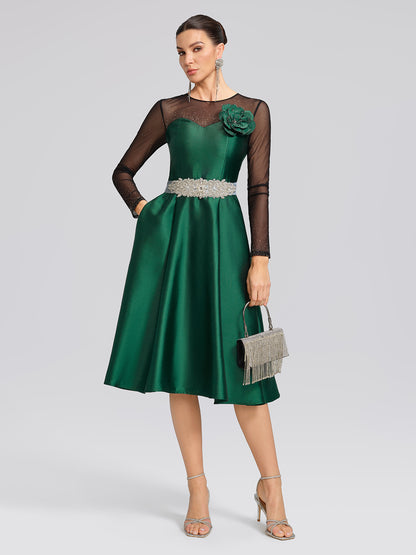 Satin Mesh-Panel Rhinestone Pocket Dress (Detachable Floral Brooch Included)