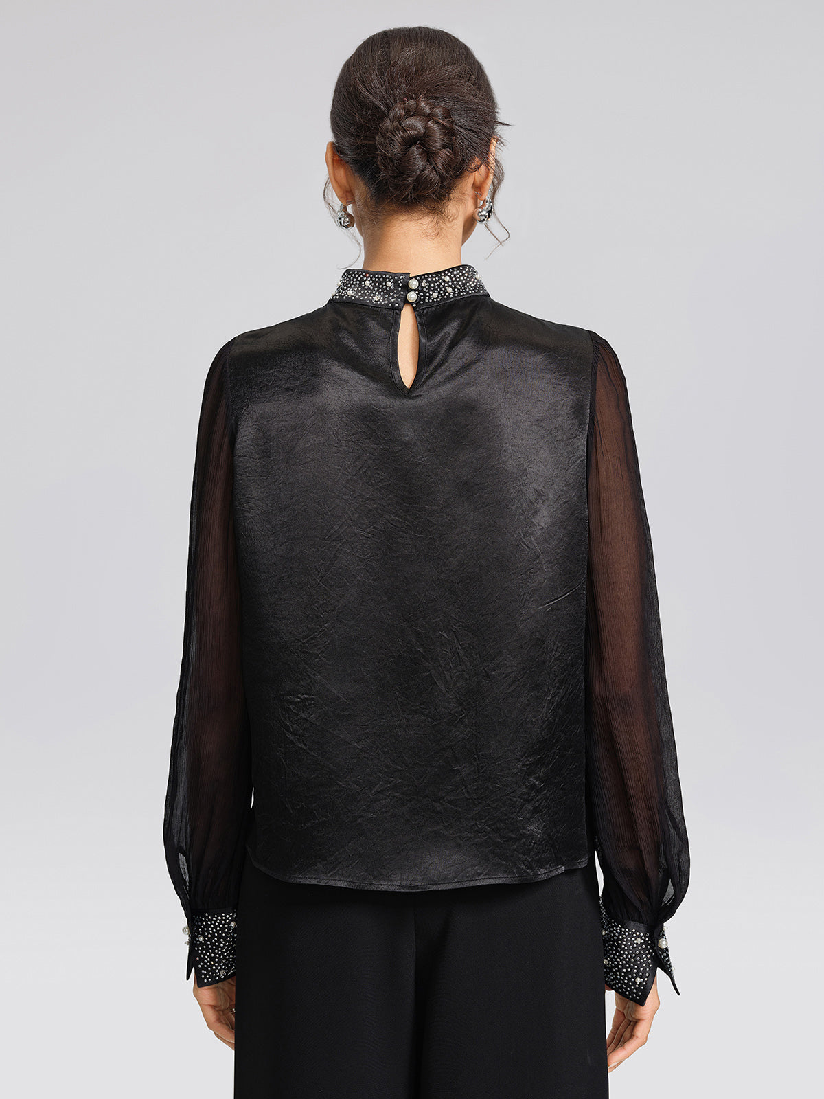 Satin Mesh Rhinestone Mock-Neck Blouse