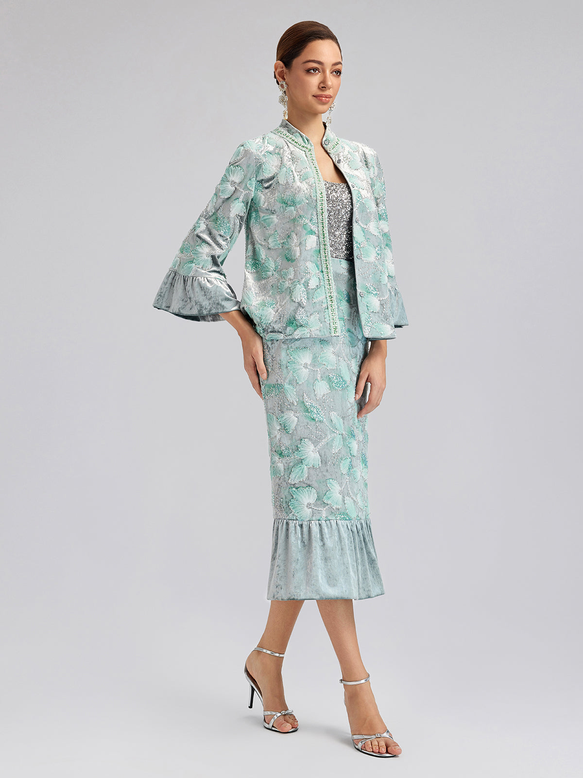 Beaded Floral Embroidered Velvet Stand Collar Jacket