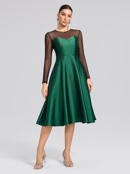 Satin Mesh-Panel Rhinestone Pocket Dress (Detachable Floral Brooch Included)