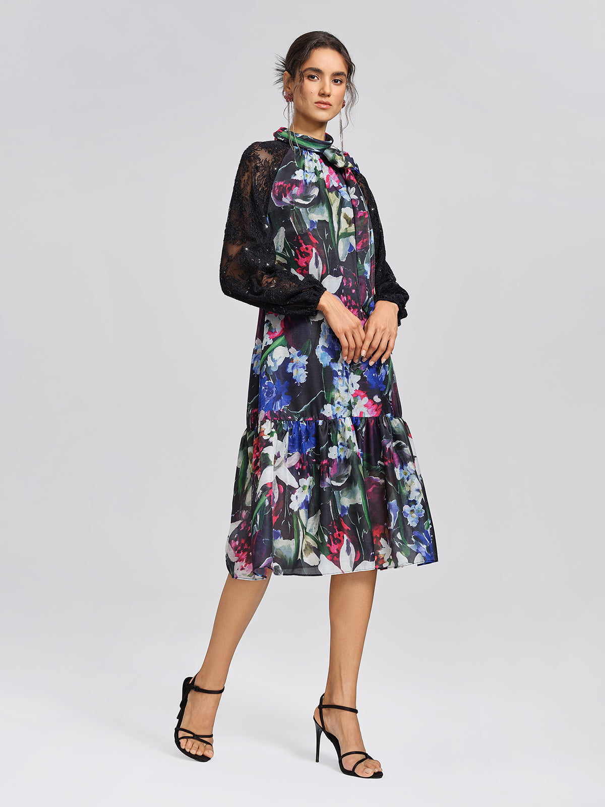 Artistic Floral Print Lace Sleeve Dress
