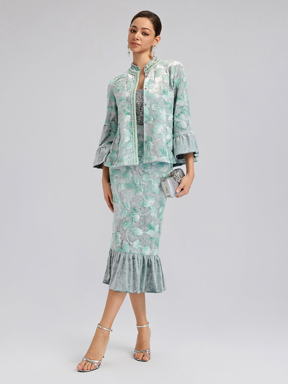 Final Sale | Beaded Floral Embroidered Velvet Stand Collar Jacket