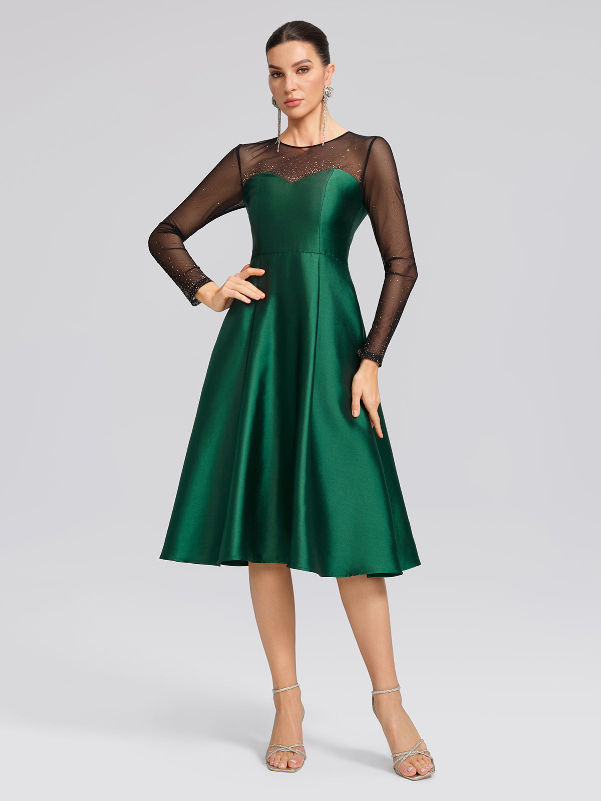 Satin Mesh-Panel Rhinestone Pocket Dress (Detachable Floral Brooch Included)