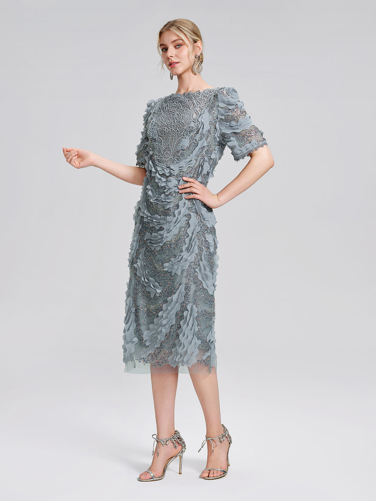 Lace Beaded Ruffle Straight Dress