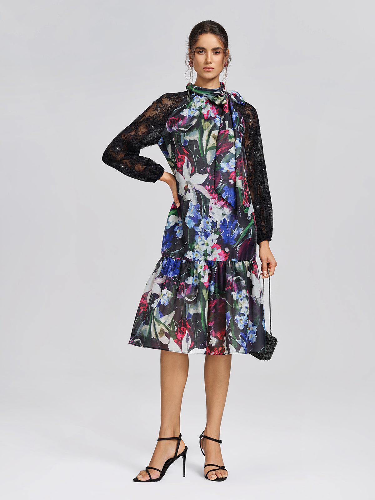 Artistic Floral Print Lace Sleeve Dress