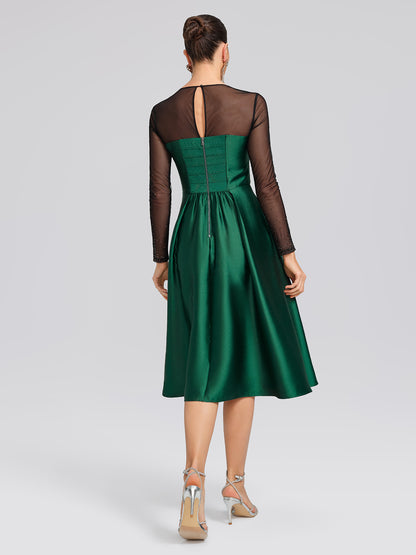 Satin Mesh-Panel Rhinestone Pocket Dress (Detachable Floral Brooch Included)