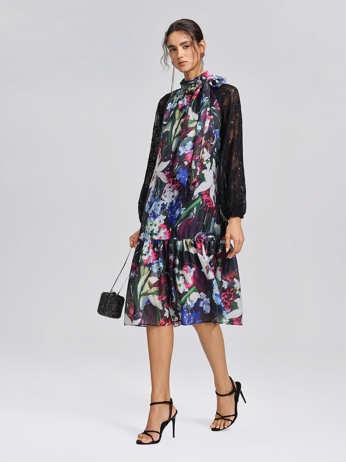 Artistic Floral Print Lace Sleeve Dress