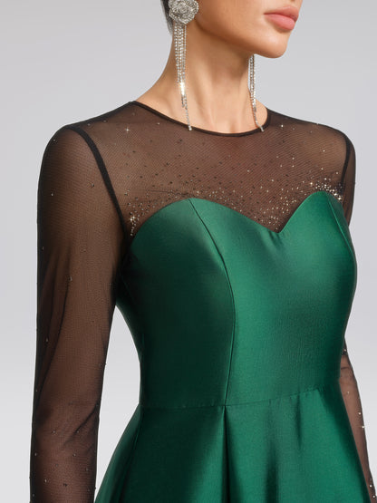 Satin Mesh-Panel Rhinestone Pocket Dress (Detachable Floral Brooch Included)