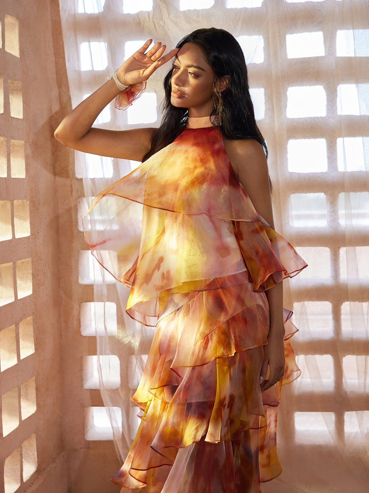 Silk Tie-Dye Off-Shoulder Vacation Top (Detachable Floral Included)