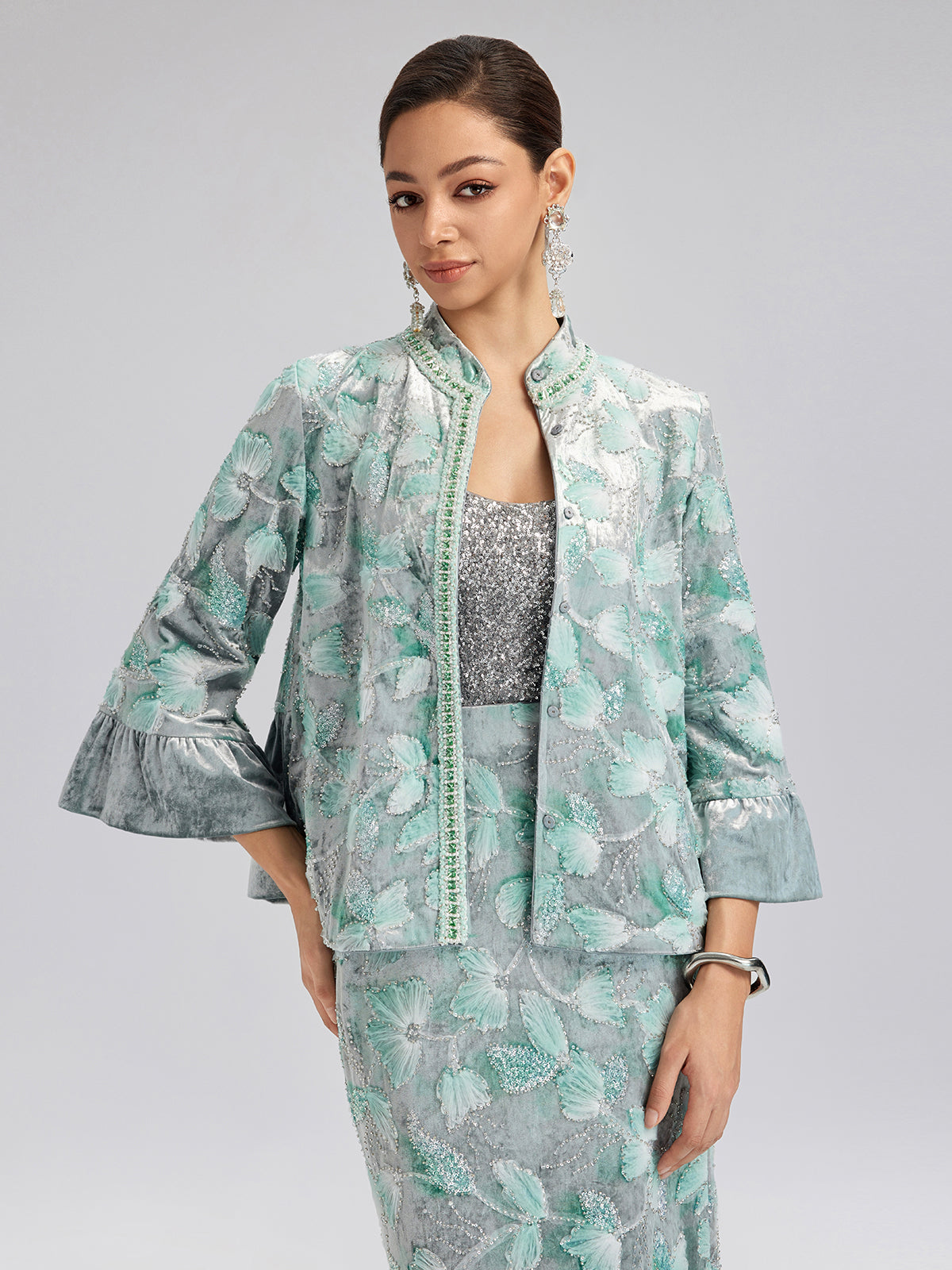 Final Sale | Beaded Floral Embroidered Velvet Stand Collar Jacket