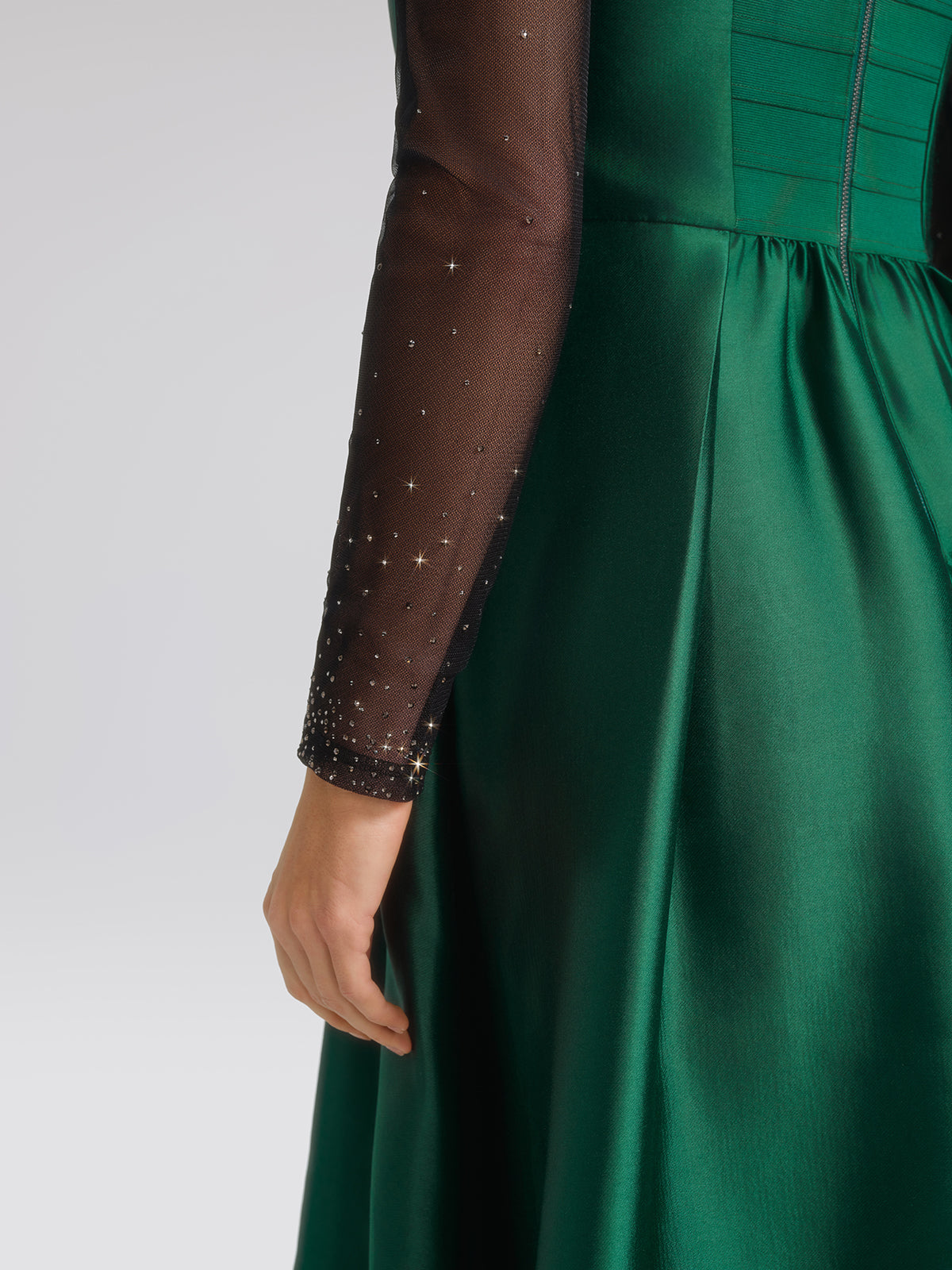 Satin Mesh-Panel Rhinestone Pocket Dress (Detachable Floral Brooch Included)