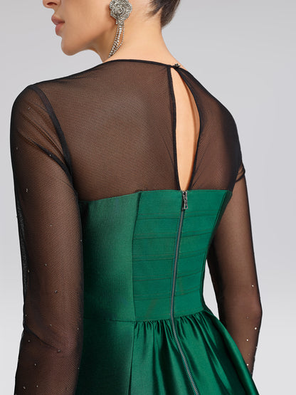 Satin Mesh-Panel Rhinestone Pocket Dress (Detachable Floral Brooch Included)