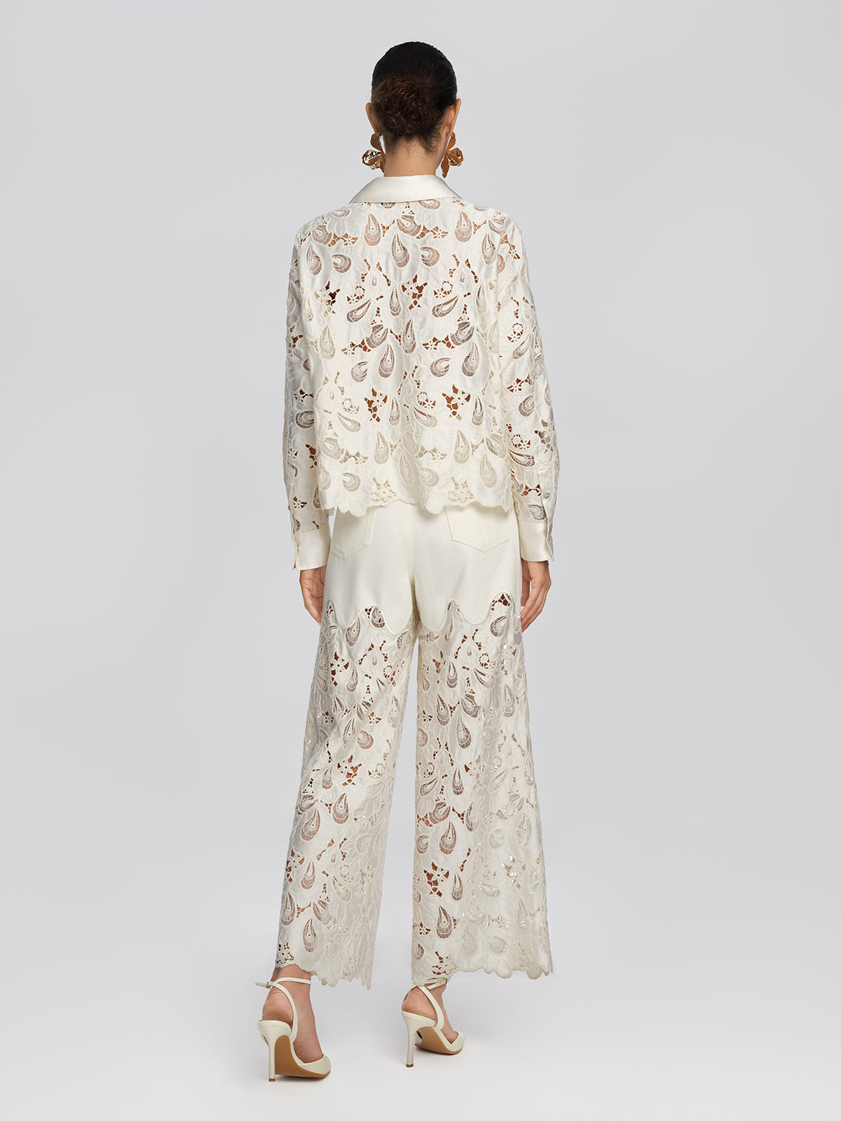 Lace Panel Pearl Wide Leg Pants
