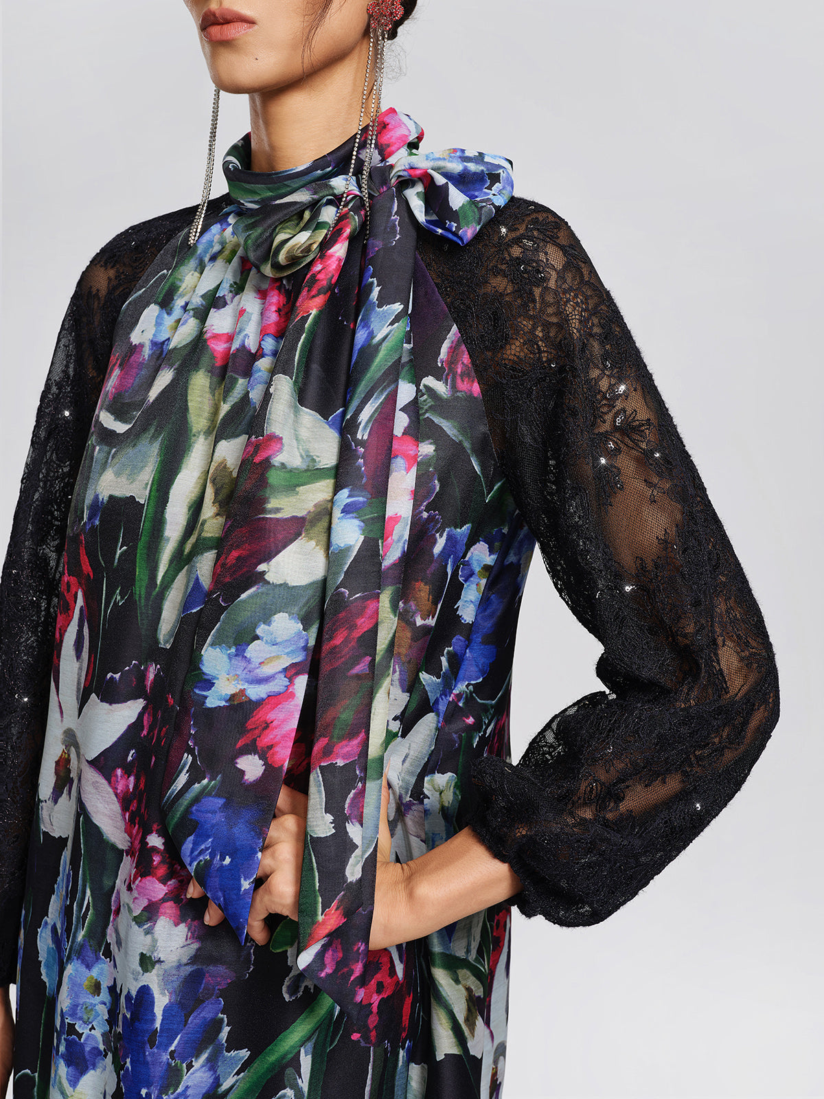 Artistic Floral Print Lace Sleeve Dress