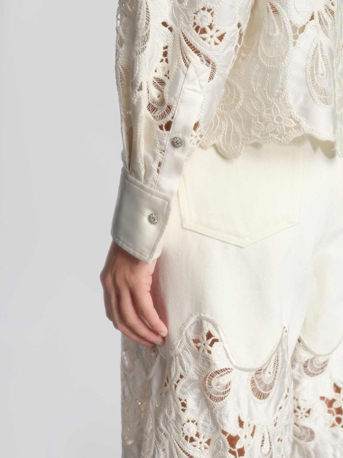 Lace Panel Pearl Wide Leg Pants
