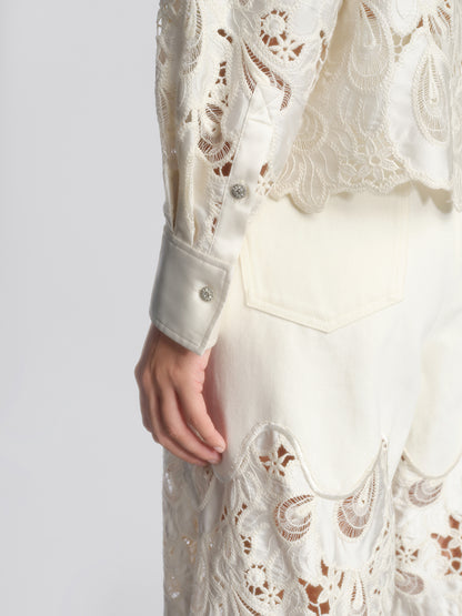 Lace Panel Pearl Wide Leg Pants