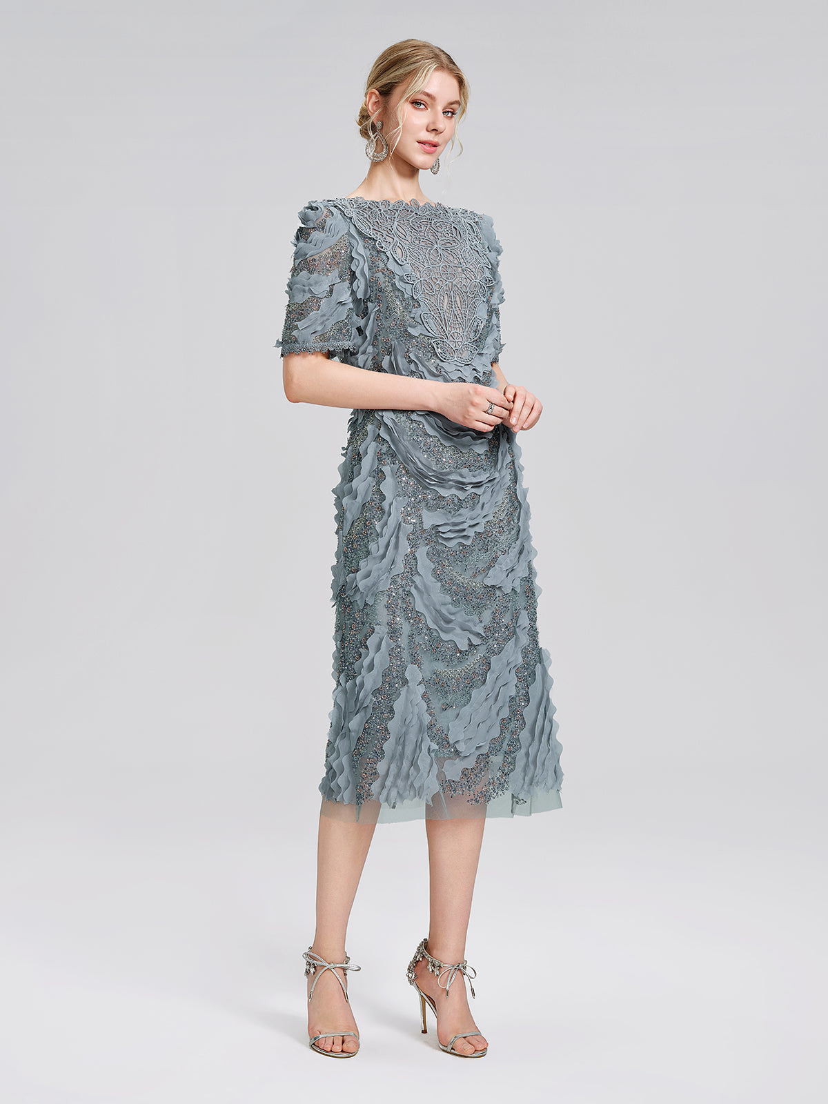 Lace Beaded Ruffle Straight Dress