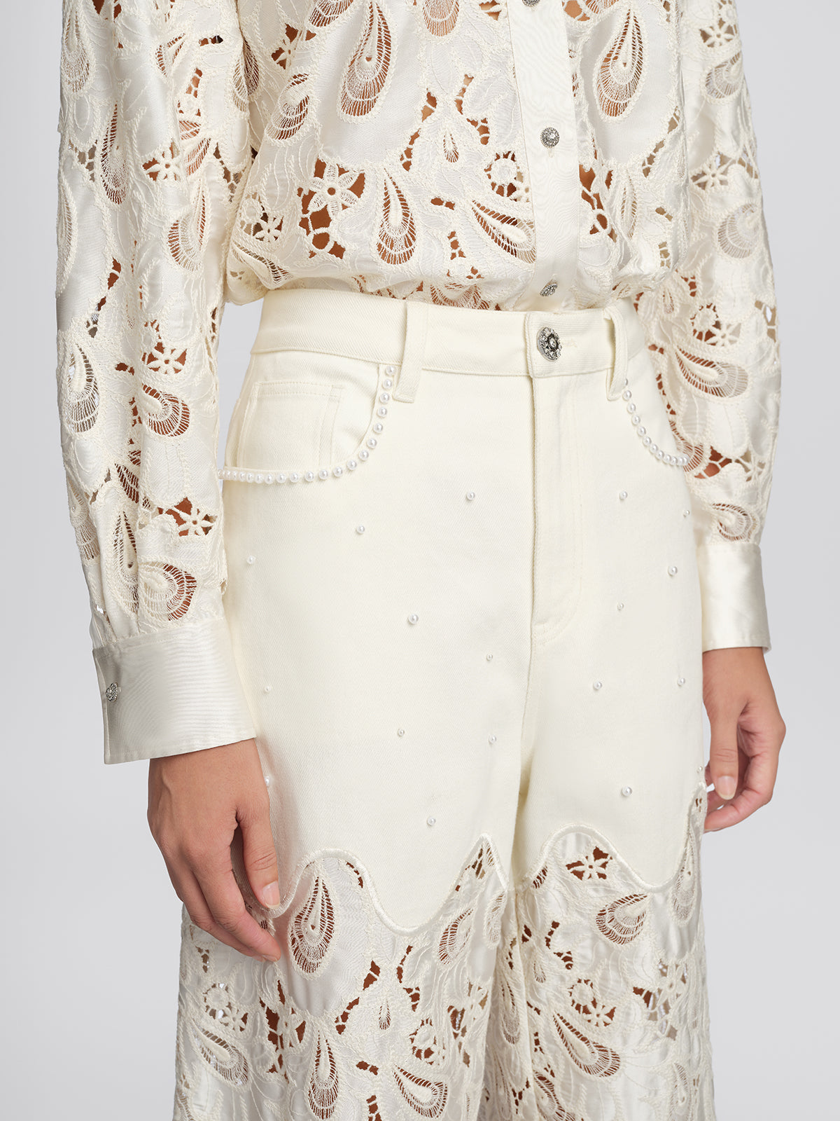 Lace Panel Pearl Wide Leg Pants