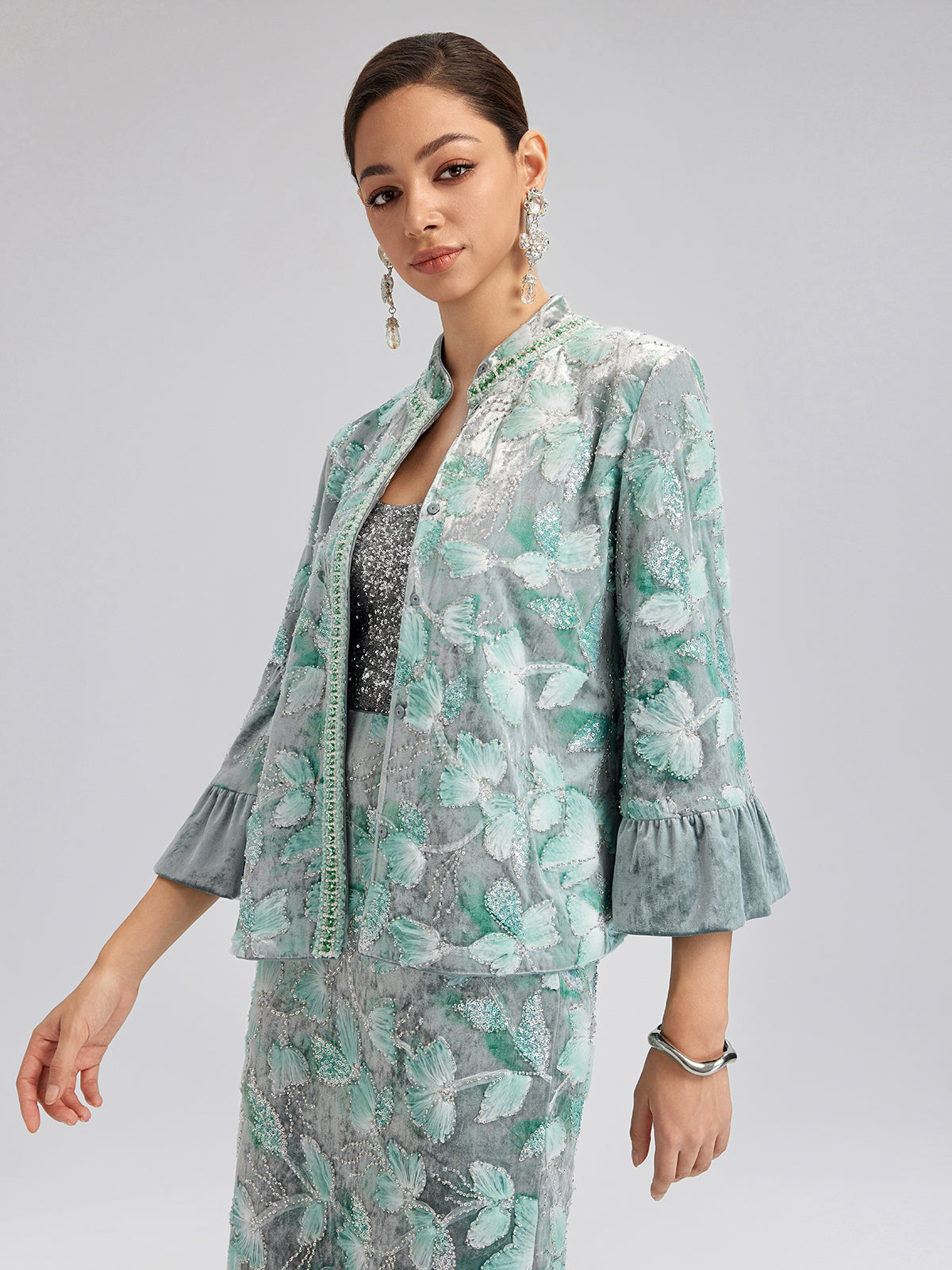 Beaded Floral Embroidered Velvet Stand Collar Jacket