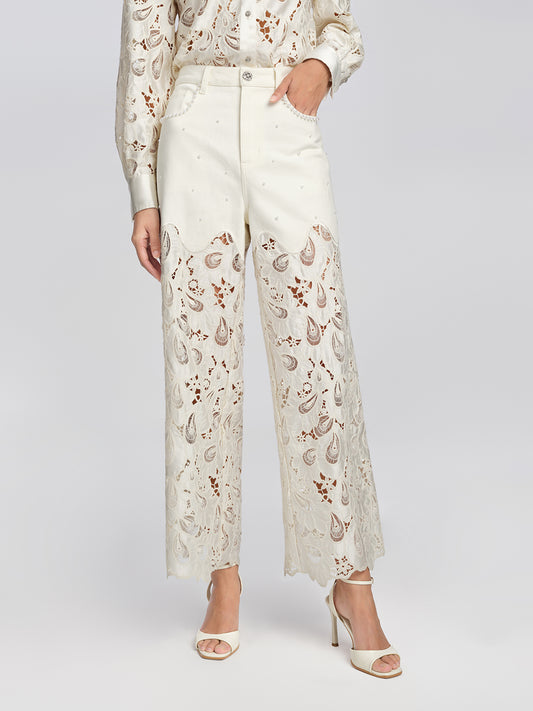 Lace Panel Pearl Wide Leg Pants
