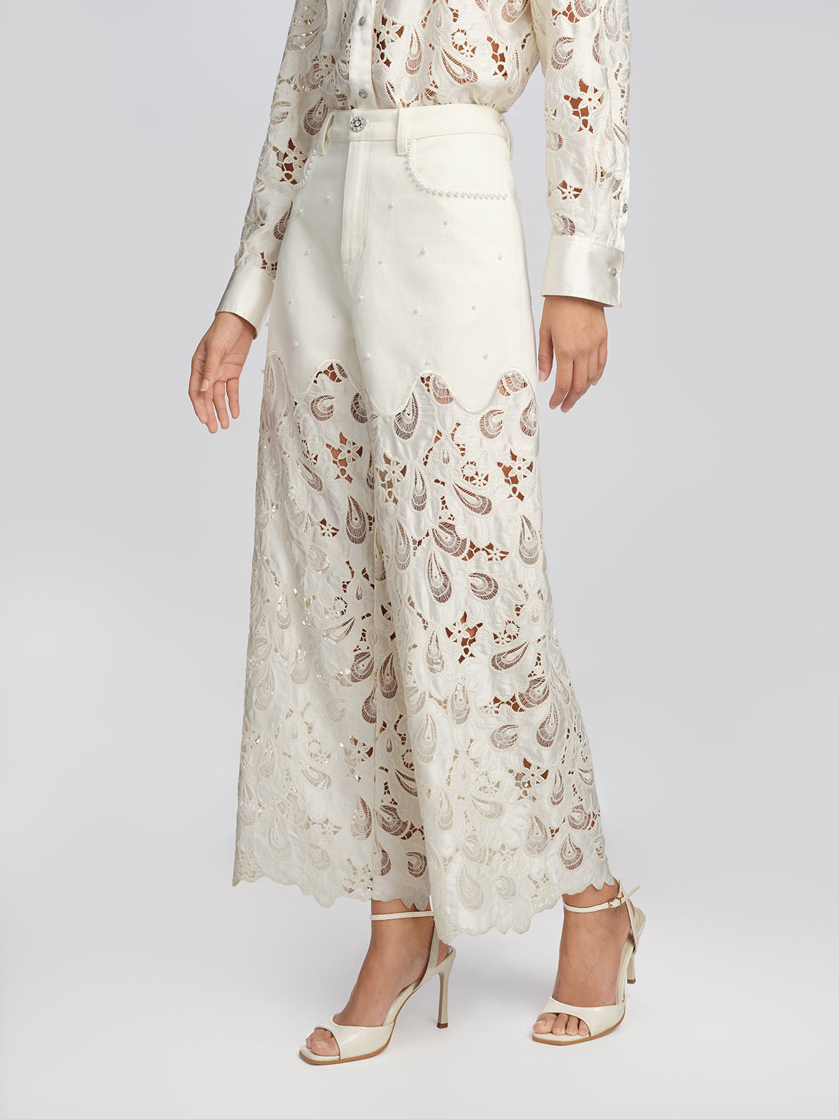Lace Panel Pearl Wide Leg Pants