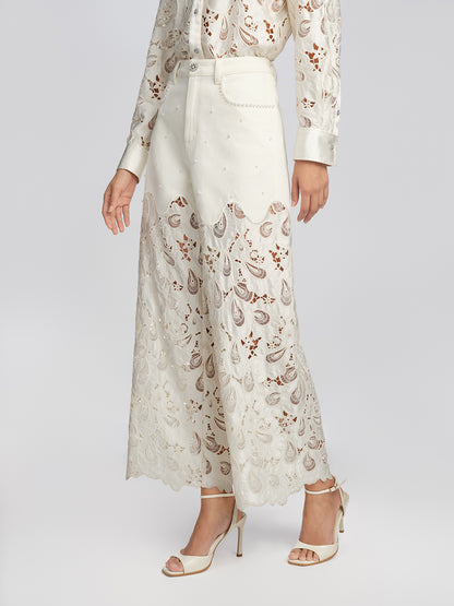 Lace Panel Pearl Wide Leg Pants