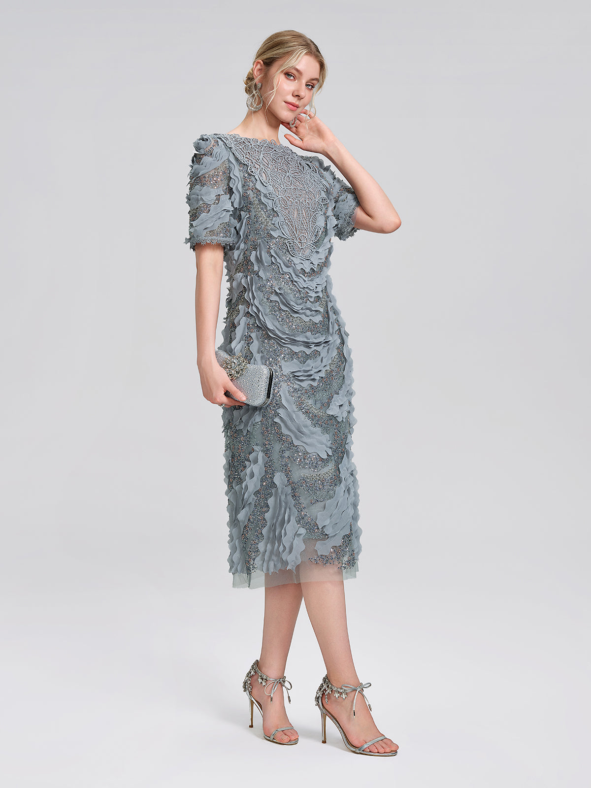 Lace Beaded Ruffle Straight Dress