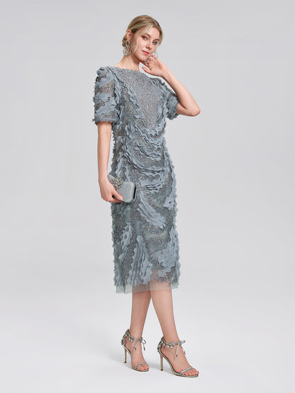 Lace Beaded Ruffle Straight Dress