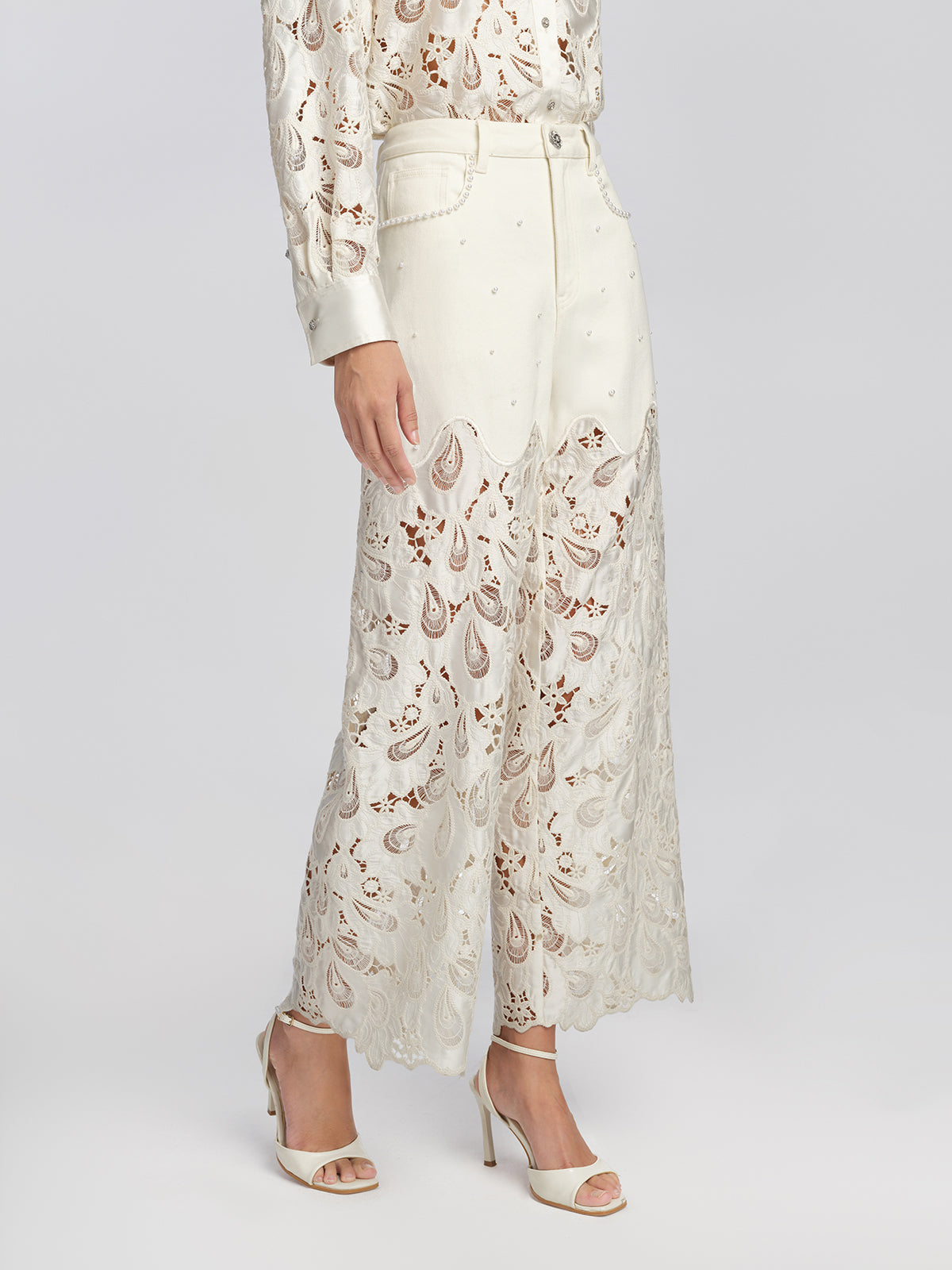 Lace Panel Pearl Wide Leg Pants