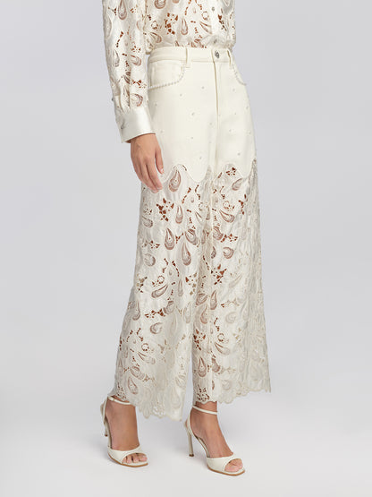 Lace Panel Pearl Wide Leg Pants