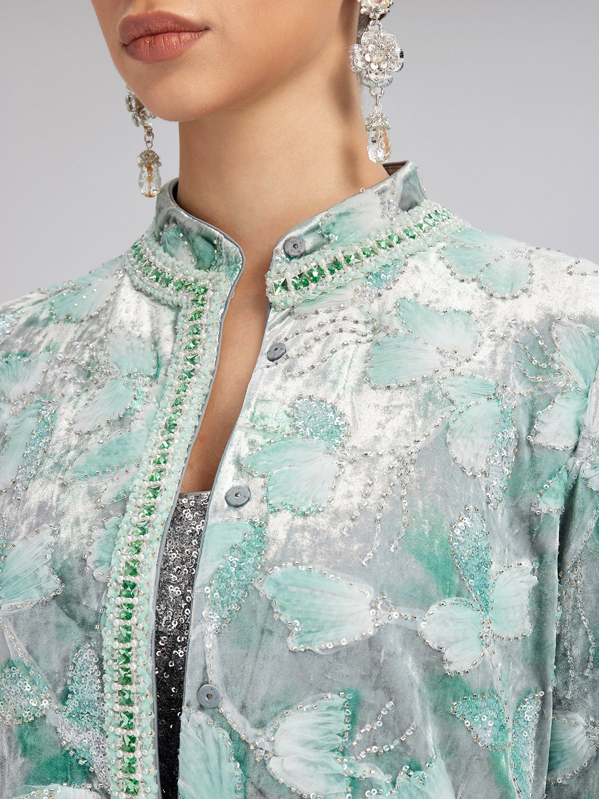 Beaded Floral Embroidered Velvet Stand Collar Jacket