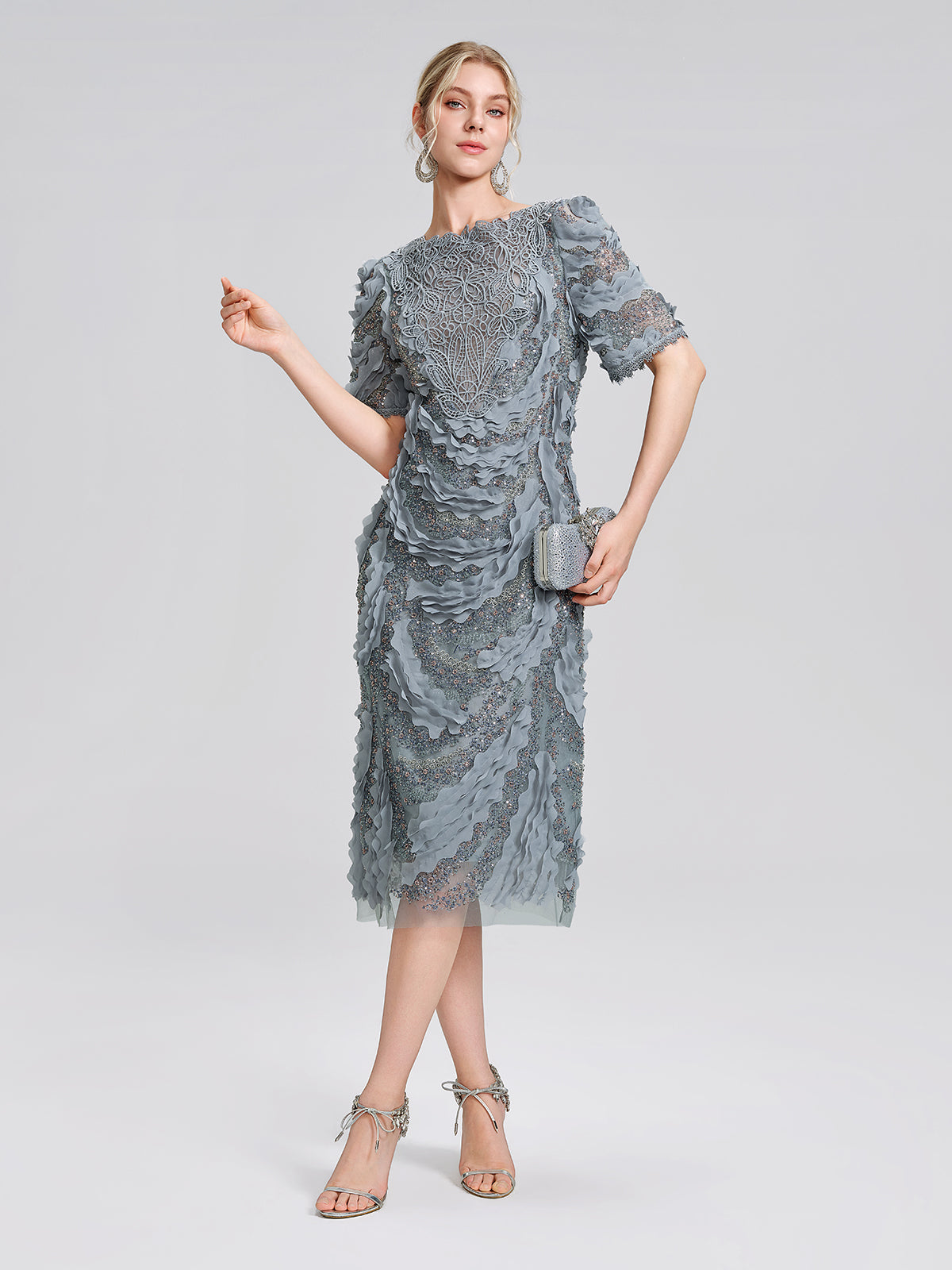 Lace Beaded Ruffle Straight Dress
