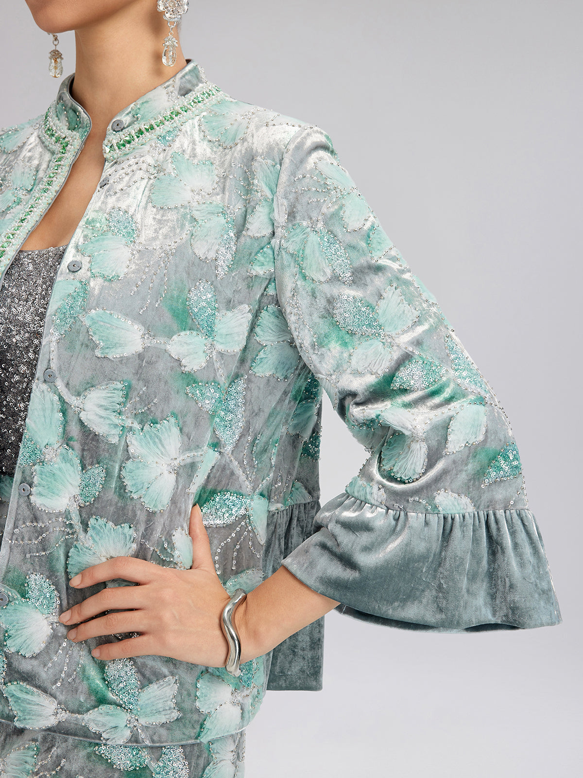 Final Sale | Beaded Floral Embroidered Velvet Stand Collar Jacket